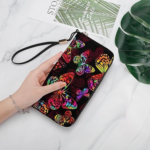 Unisex Zip Around Wallet for Adults Teens Beautiful Watercolor Colorful Butterflies Coin Pouch Cash Pocket PU Leather Wallets Card Holder Organizer Designer Purse with Wristlet Strap