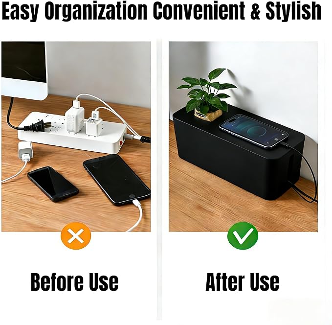 1 Large + 1 Small Cable Management Box Set – 2-Piece Cord Organizer Box, Home Office Desk Wire Storage & Cable Management Solution (Acryliclid lid/Black)