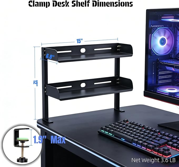 Yuxh Clamp On Desk Shelf 2 Tier Cilp Under Table Organizer, Black-S, 15 inch
