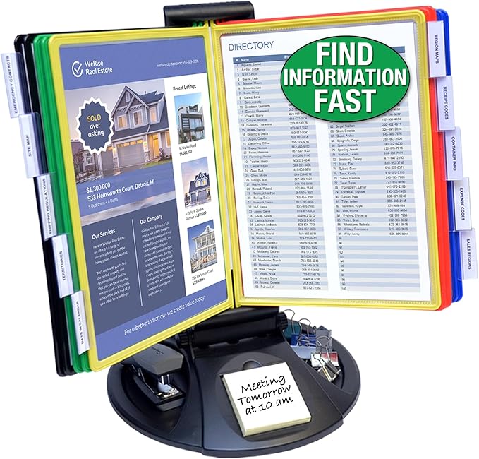 Ultimate Office AdjustaView 10-Pocket Desk Reference Organizer with Supplies Storage Base and EZ-Load Pockets to Hold 20 Sheets of Paper, Includes Fast Find Indexing Tabs (Colored Pockets)