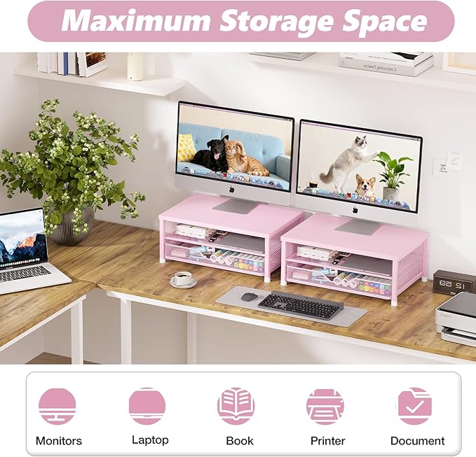 OPNICE Computer Monitor Stand Riser, Desk Organizer with Drawer, Printer & Laptop Stand, Office Desk Accessories & Workspace Desktop Organizers Storage for Office Supplies(Pink)