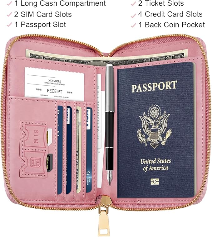 Passport Holder for Travel Personalized Passport Holder Initial Letter Rose Flower RFID Blocking Travel Wallets Credit Cards Holder for Women Men, Pink T