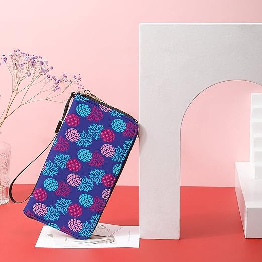 Unisex Zip Around Wallet for Adults Teens Bright Blue And Pink Pineapple Coin Pouch Cash Pocket PU Leather Wallets Card Holder Organizer Designer Purse with Wristlet Strap