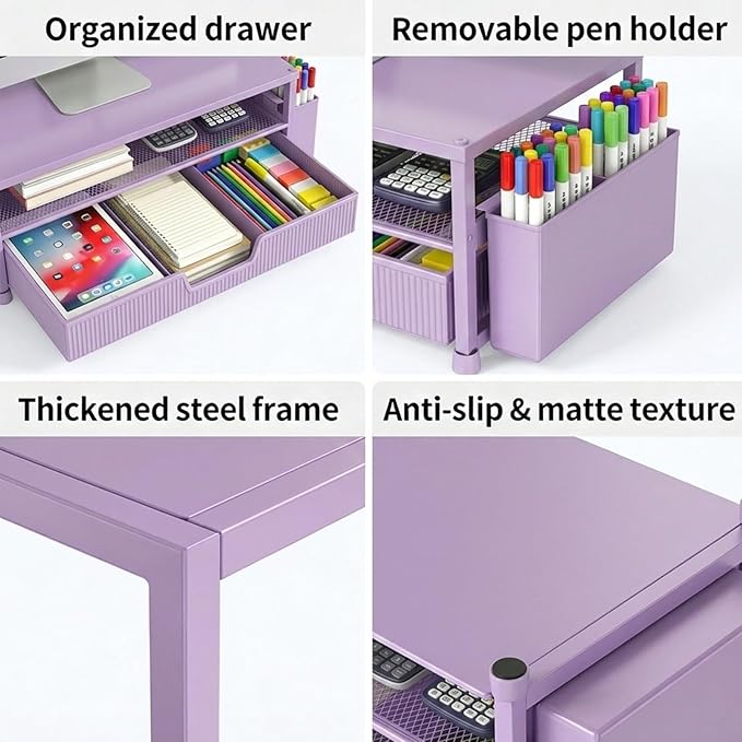 ECOLOVI Desk Organizer and Accessories, 2-Tier Computer Monitor Stand Rise with Storage Drawer & 2 Pen Holders, Laptop & Printer Stand for Desktop, Workspace Organizers for Office Supplies (Purple)