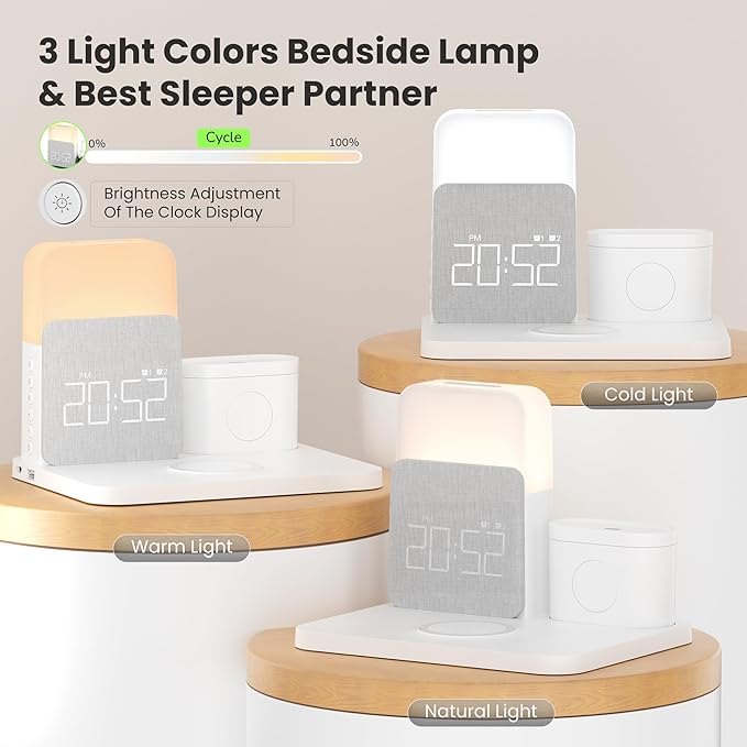 Alarm Clock Charging Station for Bedrooms, 7 in 1 Wireless Charging Station, Magnetic Charger with Night Light Bedside Clock for iPhone 17 16 15 14 13 12 Pro Max, Apple Watch, AirPods (White)