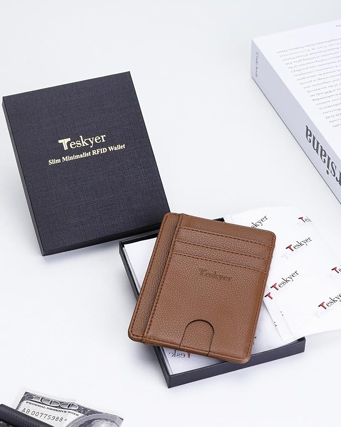 Teskyer Slim Wallet for Men, Minimalist Front Pocket RFID Blocking Leather Wallet Credit Card Holder for Men & Women