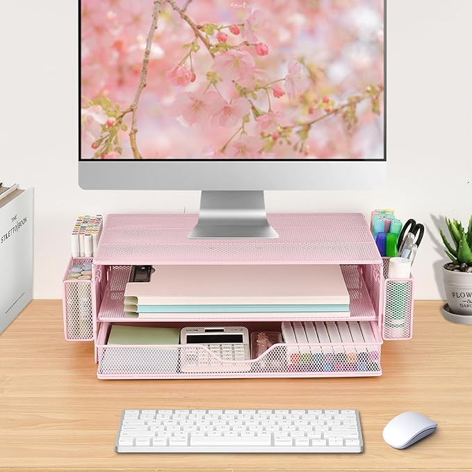 AUPSEN Computer Monitor Stands Riserï¼?-Tier Desk Organizers and Accessories, Office Desk Accessories Organizer with Drawers and 2 Pen Holder for Office Supplies (Pink)