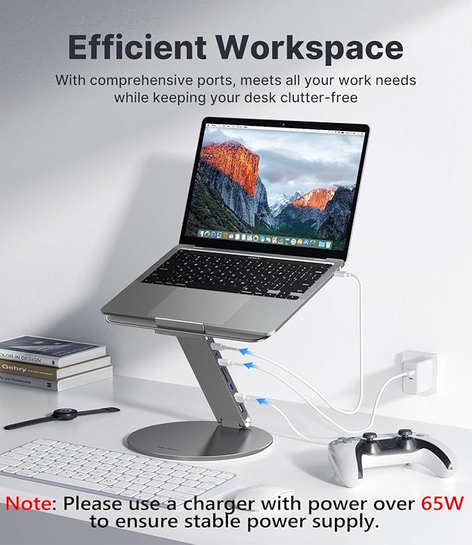 KU XIU Adjustable Laptop Stand with 8 in 1 USB C Hub, Foldable Portable Computer Notebook Stand with 360° Rotating Base, Riser Holder Mount for All 10-17" Laptops (Gray)