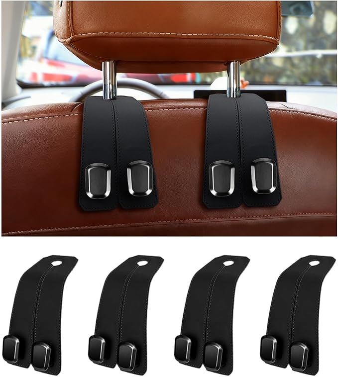 AOzT 4PCS Car Headrest Hooks - Double Hook Seat Back Organizer for Purses Handbags & Grocery Bags Heavy Duty Black