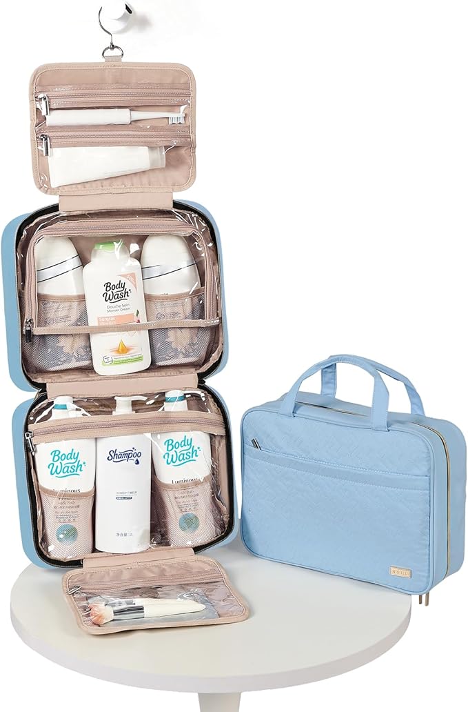 NISHEL Travel Toiletry Bag for women, Portable Hanging Organizer for Family-Sized Shampoo, Conditioner, Brushes Set, Makeup Accessories, Extra Large Size, Placid-Blue