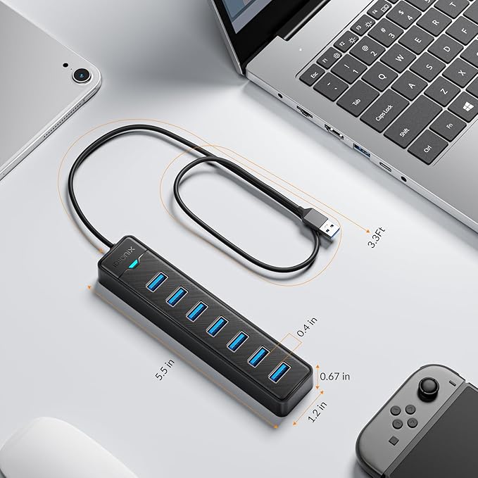 iDsonix 7 Ports USB Hub 3.0 [3.3Ft] USB Expander Hub 5Gbps USB Splitter Multiport Adapter, USB Hub Long Cable for Desktop, PC, Laptop, Flash Drive, Mobile HDD, Windows/XPS, 100cm