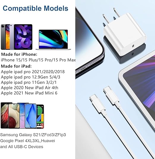 iPhone 15 Charger Block, 20W USB C Fast Charging Plug/6ft Type C to C Cable Cord Long for Apple iPhone 15 Plus/15 Pro Max,iPad Pro 12.9/11 inch 4/3/Air/Mini 6 Generation,Wall Power Adapter Cube Brick