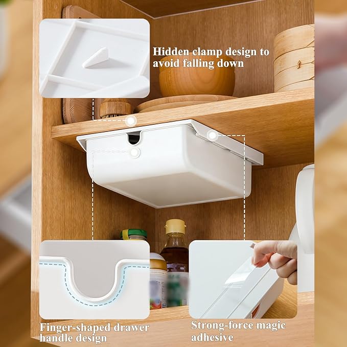 FRETONBA Under Desk Drawer Self-Adhesive Hidden Desktop Organizer, Attachable Desk Drawer Slide Out, Table Storage Tray for Stationery Home Office Organization Medium White