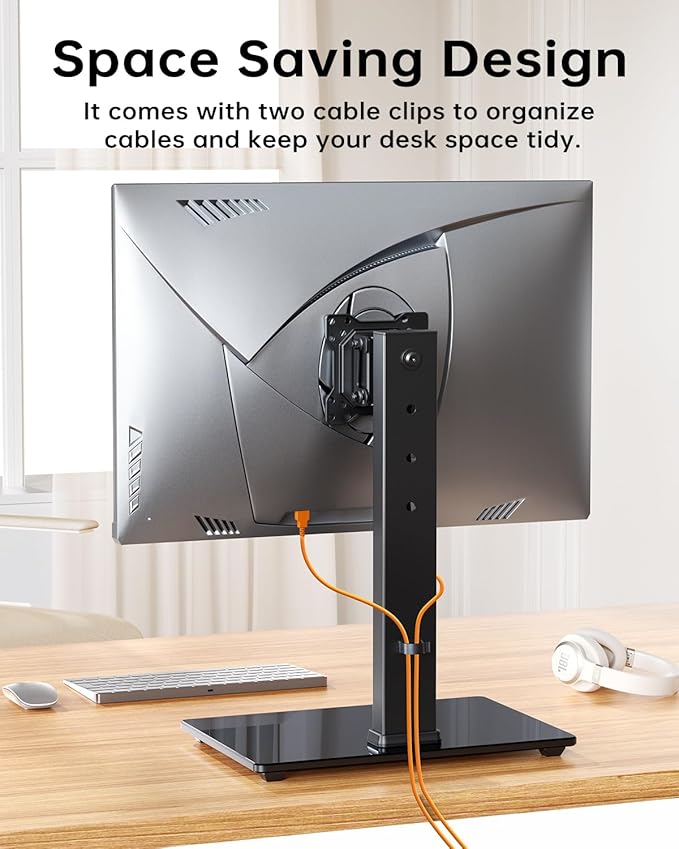 Single Monitor Stand, FreeStanding Desk Stand for 13-32 inch Screens, VESA Mount Monitor Riser with Swivel, Tilt, Rotation, 4 Height Options, Tempered Glass Base, Max Load 77lbs VESA 75x75mm-100x100mm