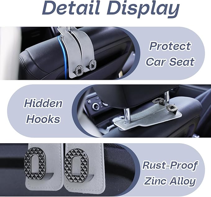 Car Headrest Hooks Universal Car Purse Hook Premium Leather and Alloy Twin Hook Car Seat Back Storage Hanger Hook for Purse Bags Cloth Drink Durable Holder Car Accessories (BH09-Grey-Black)