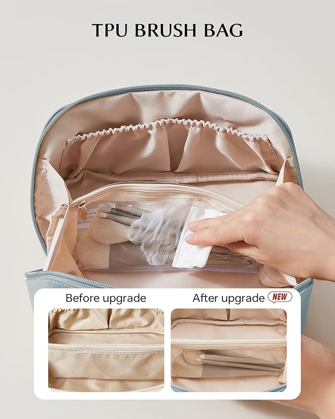 EACHY Travel Makeup Bag, Large Capacity Cosmetic Bag for Women, Waterproof PU Leather, Flat Open Portable Toiletry Bag for Skincare, Brushes & Travel Essentials