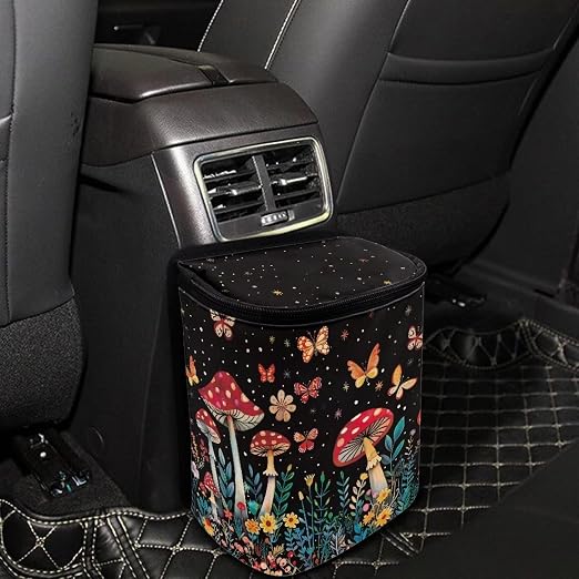 Butterfly Mushroom Car Trash Can with Lid car Accessories Leak Proof Car Trash Bag Hanging Car Garbage Can Multipurpose Storage Container for Back Seat Road Trip