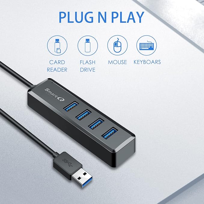 SmartQ H302S USB 3.0 Hub, 4-Port USB Expander with 2ft Long Cable, High-Speed Data Transfer, Compatible with Laptop, PC, Mac, Printer, External HDD (Pack of 2)