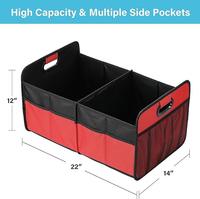 Simple Deluxe Trunk Organizer for Car/SUV/Truck, Collapsible 2 Compartment 50L Automotive Storage Box with 5 Pocket, 600D Waterproof Oxford Polyester, Anti-slip & Leak-proof, Red