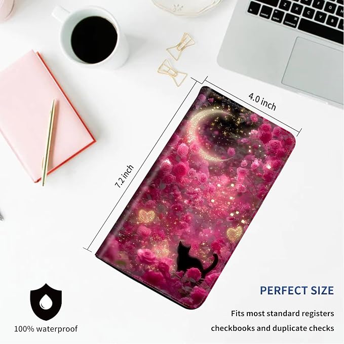 DEGDFSGR Checkbook Cover PU Leather Checkbook Covers for Women for Duplicate Checks, Check Book Covers with RFID Blocking Function for Personal Checkbook, Black Cat Pink Rose