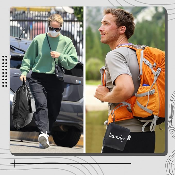 Travel Laundry bags, Dirty Clothes Travel Bag with Handles, Portable Small laundry Sack for Travelling, Suitcase, Gym, Camping (Black | 2 Pack)