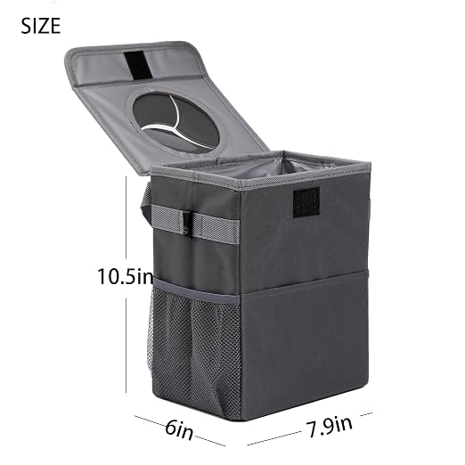 AOKJOY Car Garbage can with lid Leak Proof Vehicle Trash Can 3 Storage Pockets Hanging Waterproof car Trash Bag for SUV Grey