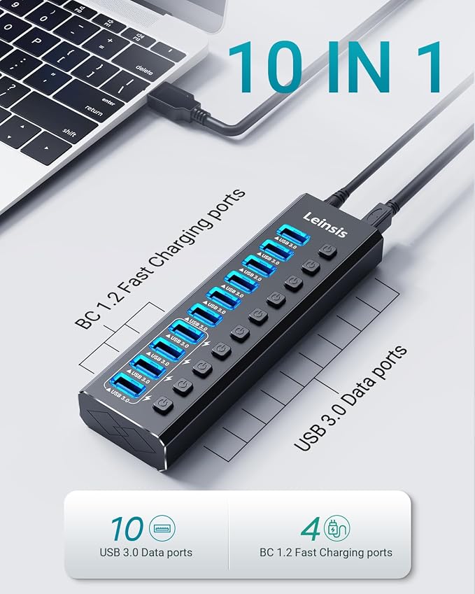 Powered USB Hub 3.0, Leinsis 10-Port USB 3.0 Hub [Durable Aluminum] 10 Data Transfer Ports+ 4 Smart Charging Ports with Individual On/Off Switches, USB Hub 3.0 Powered with Power Adapter for Laptop PC