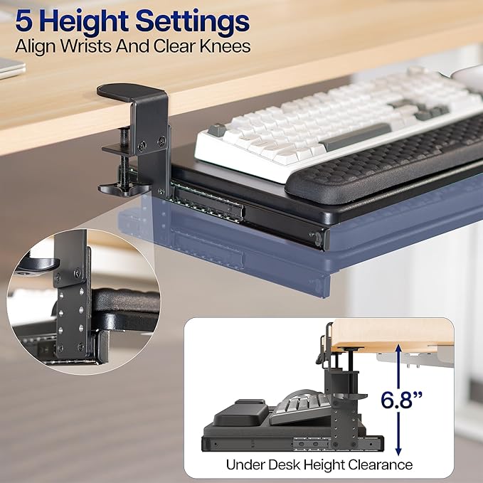 VIVO Large Height and Width Adjustable Under Desk Keyboard Tray, C-clamp Mount System, 22.5” to 30” (28.5” to 36” Including Clamps) x 11 inch Slide-Out Platform for Typing, Black, Mount-KBST1