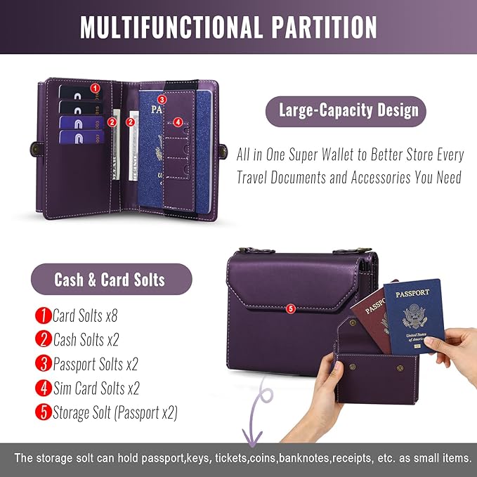 ASAPDOS RFID Blocking Family Passport Holder Wallet,Hold 3-4 Passports for Travel with Credit Card Slots & Wrist Crossbody Strap Purple