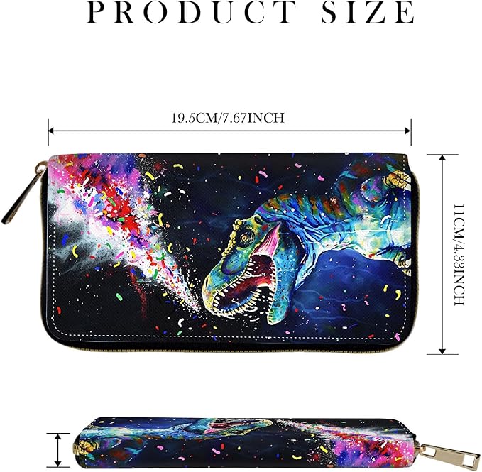 RFID-Blocking Zip Around Wallets for Women with Detachable Wrist Strap,Large Capacity Phone Holder with Card Organizer & Coin Pocket,Colorful Cool Dinosaur