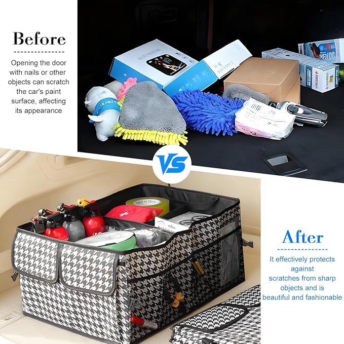Car Trunk Organizer, Collapsible Multi-Compartment Large Capacity Vehicle Storage Container, Foldable Adjustable Automotive Interior Organization Box, Universal Fit (Houndstooth)
