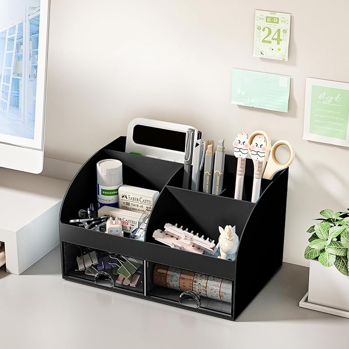Desk Organizer with 6 Compartments and 2 Drawers, Plastic Makeup Organizer, Pen Holder for Desktop Storage, Desk Organization for School, Home, Office Supplies Black-2Pack