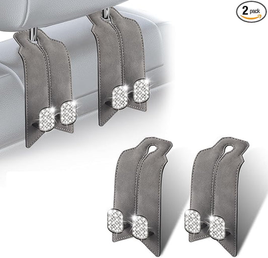 2Pcs Bling Car Headrest Hooks, Premium Leather & Sparkling Rhinestone Dual Metal Hooks, Back Seat Organizer for Bags, Coats, Purses and Groceries (Crystal Gray)
