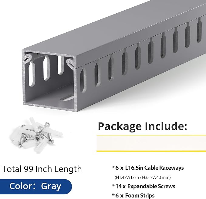 ZhiYo H1.4 W1.6 in Server Rack Cable Management Raceway, 99in (6X L16.5in) Cable Raceway Kit, Electrically Safe PVC Open Slot Wire Cord Hider for Under Desk/Computer/Network Cords, Gray