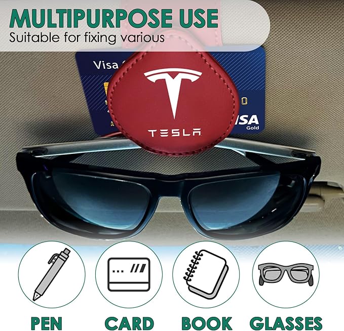 Sunglasses Holder Compatible with Tesla Model Y 3 X S Cybertruck Leather Magnetic Glasses Mount Holder Eyeglasses Sunglasses Clip Visor Sunglass Holder Accessories Gifts for Owners (Red)
