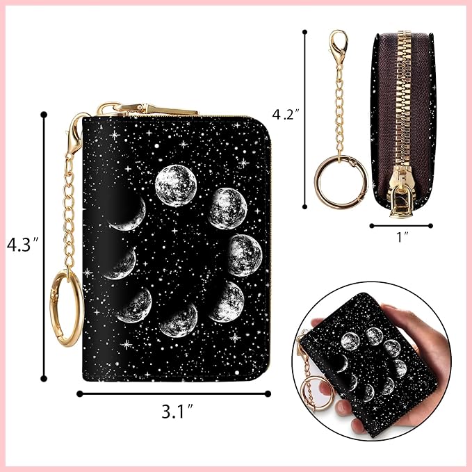 Blusabaca RFID Credit Card Holder Wallets for Women, Moon Phase Night Small Card Case Wallet with Keychain and Zipper, Leather Card Holder Pocket Business Card Accordion Wallet