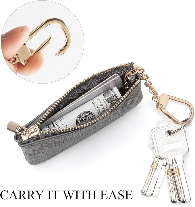 Full Grain Leather Coin Purse with Key Chain - Small Change Purse Keychain Card Holder Keychain Pouch Small Keychain Wallet for Women and Men (Gray)