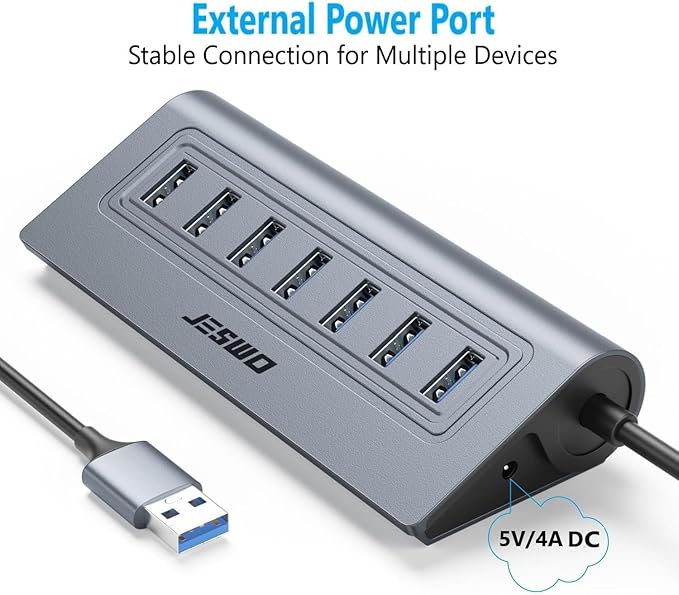 USB Hub 3.0, JESWO Aluminum 7 Port USB 3.0 Hub with 3.3Ft Cable, USB Splitter with 7-USB3.0 Data Ports Compatible with MacBook, Laptop,Surface Pro, PS5, PC and More (No Power Adapter Included)