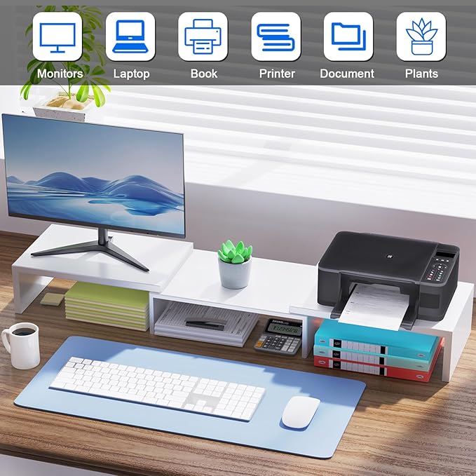 Desk Organizers and Accessories, Dual Monitor Stand Riser, Monitor Desk Shelf for Desktop Organization (White)