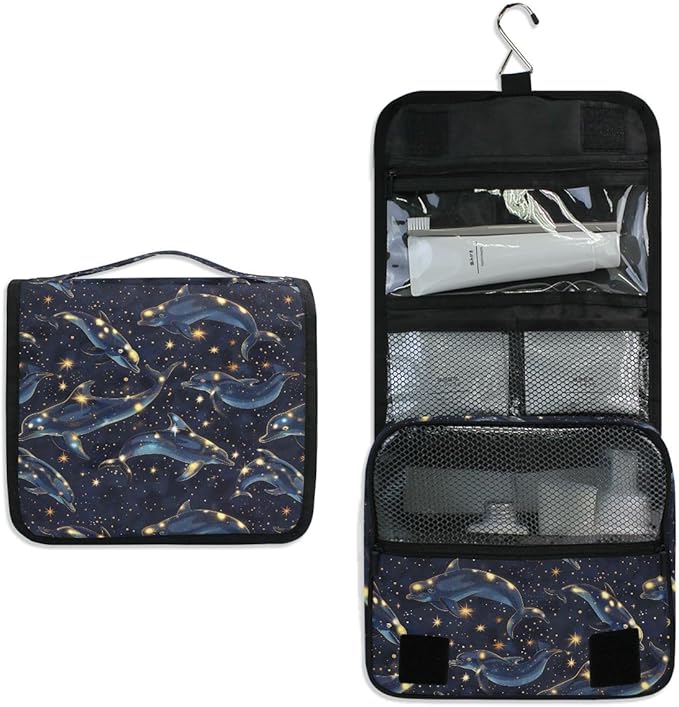 Hanging Travel Toiletry Bag Kit Boys Makeup Case Cosmetics Organizer for Men Women (Dolphin Starry Sky)