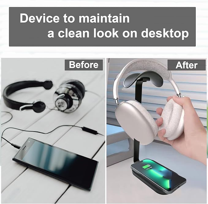 Headphone Stand with Wireless Charging, 15W Gaming Headset Holder for Desk, Aluminum Support Bar, Silicone Pad Headrest, Suitable for All Headphones