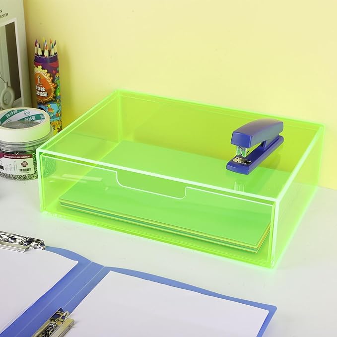 Gelite Acrylic Desk Organizer with Drawer for Makeup Vanity Stackable Desktop Storage Box for Office Supplies, 13.8 x 9.8 x 3.9’’, Neon Green