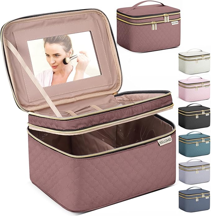 HXLGMD Large Makeup Bag with Mirror Double Layer Travel Make Up Organizer Case, Large Capacity Coemetic Bag with Brush Slot Divider