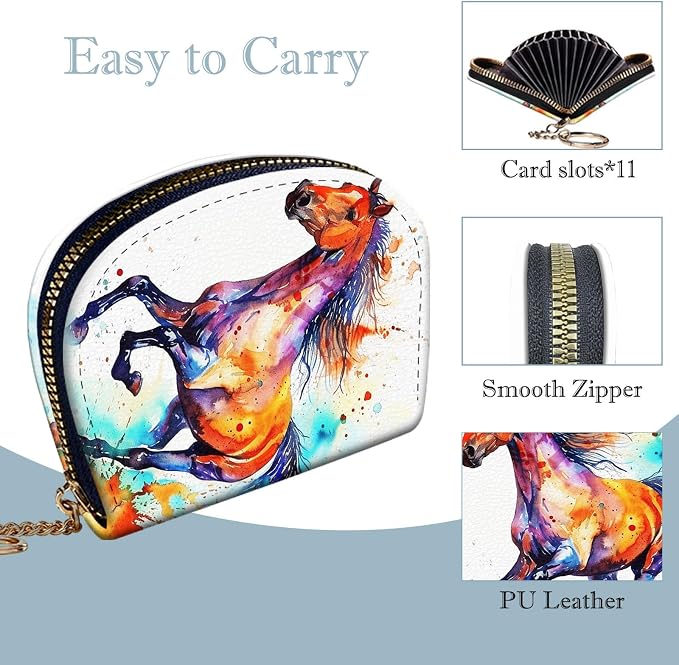Women's Slim RFID Wallet – Compact Leather Card Holder Wallet for Women, 9 Card Slots RFID Blocking Credit Card Organizer, Small Travel Wallet - Watercolor Horse