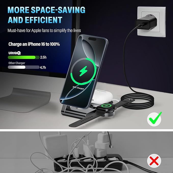 2026 3 in 1 Wireless Charging Station Mag-Safe Fast Charging Station for Apple MagSafe Charger, with USB C Charger, Foldable Charging Magnetic Wireless Charger Stand, Space Aluminum Travel Charger