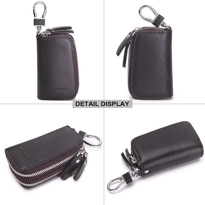 CONTACTS Car Key Case Small Leather Double Zipper Key Holder with 4 Keyrings Keys Organizer for Men Women