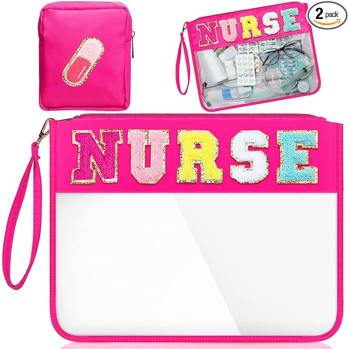 Hillban 2 Pcs Nurse Week Gift Makeup Cosmetic Bag Nurse Appreciation Gift for Women Clear Chenille Letter Bag Toiletry Zipper Pouch Waterproof Travel Purse Survival Kit Medical Accessories