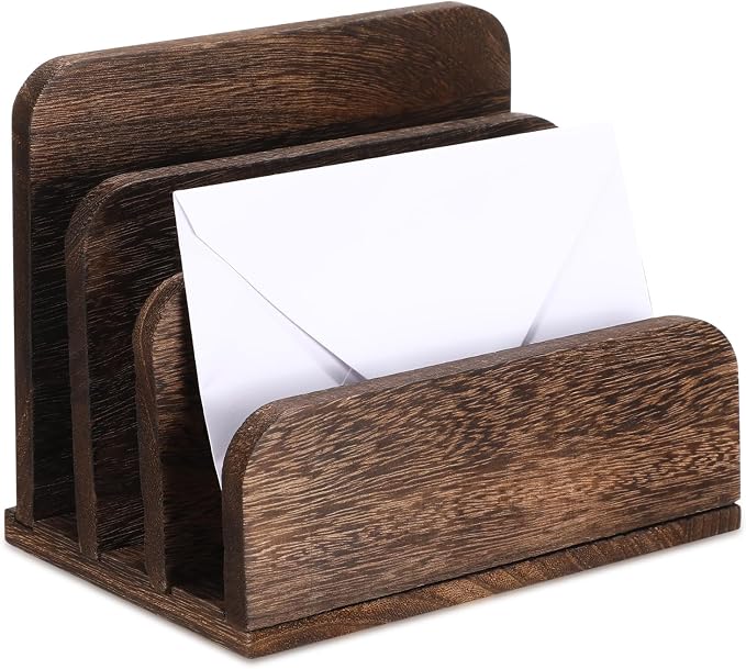 Briwooody Wooden Mail Organizer 3 Slots Mail Holder for Desk Wood File Paper Letter Holder for Letter Envelope Filing Cell Phone Document Storage, Organizer Tray for Office and Home(Dark Brown)
