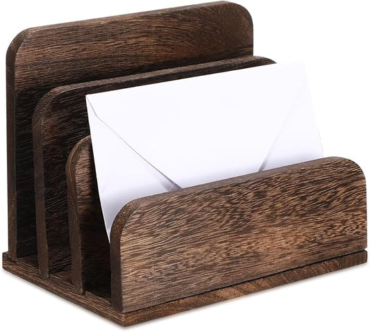 Briwooody Wooden Mail Organizer 3 Slots Mail Holder for Desk Wood File Paper Letter Holder for Letter Envelope Filing Cell Phone Document Storage, Organizer Tray for Office and Home(Dark Brown)