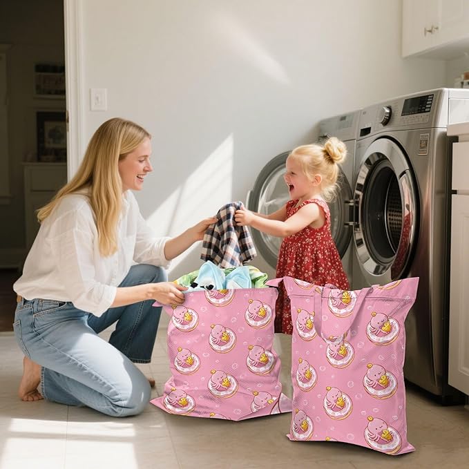 Travel Laundry Bags 2 PC Wet Dry Bag with Handle Dirty Clothes Organizer for Swimsuits Beach Camping Waterproof Washable Octopus Doughnut Duck Pink